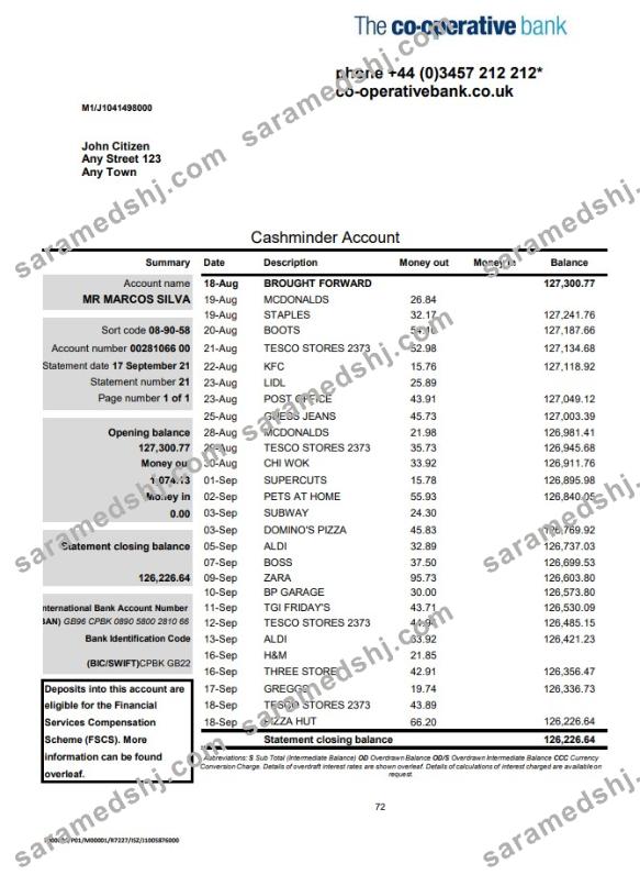 United Kingdom The Co-operative bank statement in Excel and PDF format